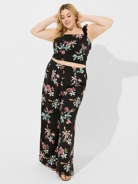 Torrid Black Floral Feel the Fit Wide Leg Pants with Pink & Blue Blooms Tall
